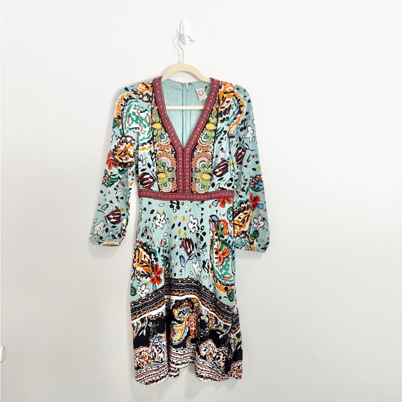 Akemi + Kin Dresses & Skirts - Anthropology Akemi + Kin Boho Blue Floral Beaded V-Neck Long Sleeve Dress